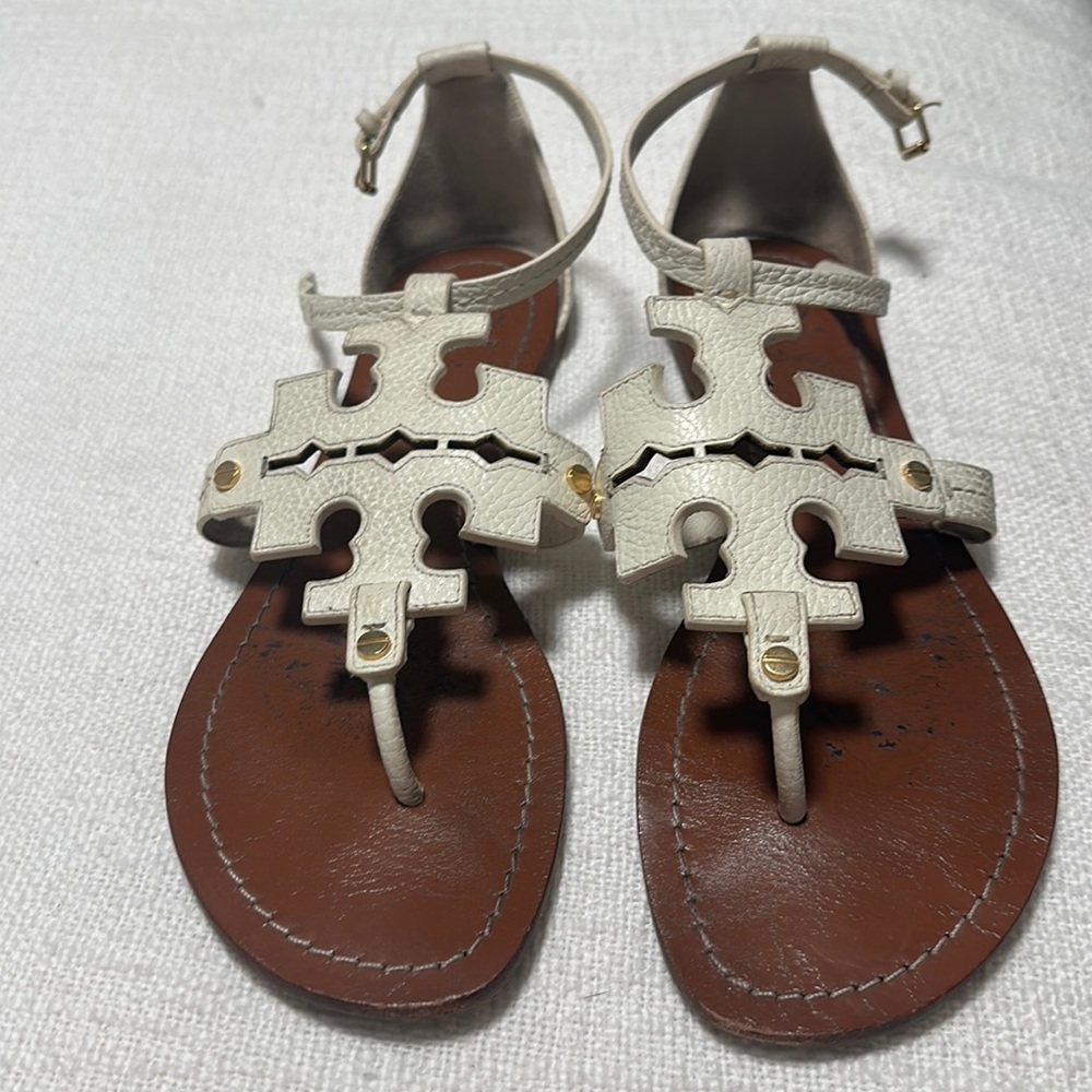 White & Brown Leather Tory Burch Phoebe Sandals
